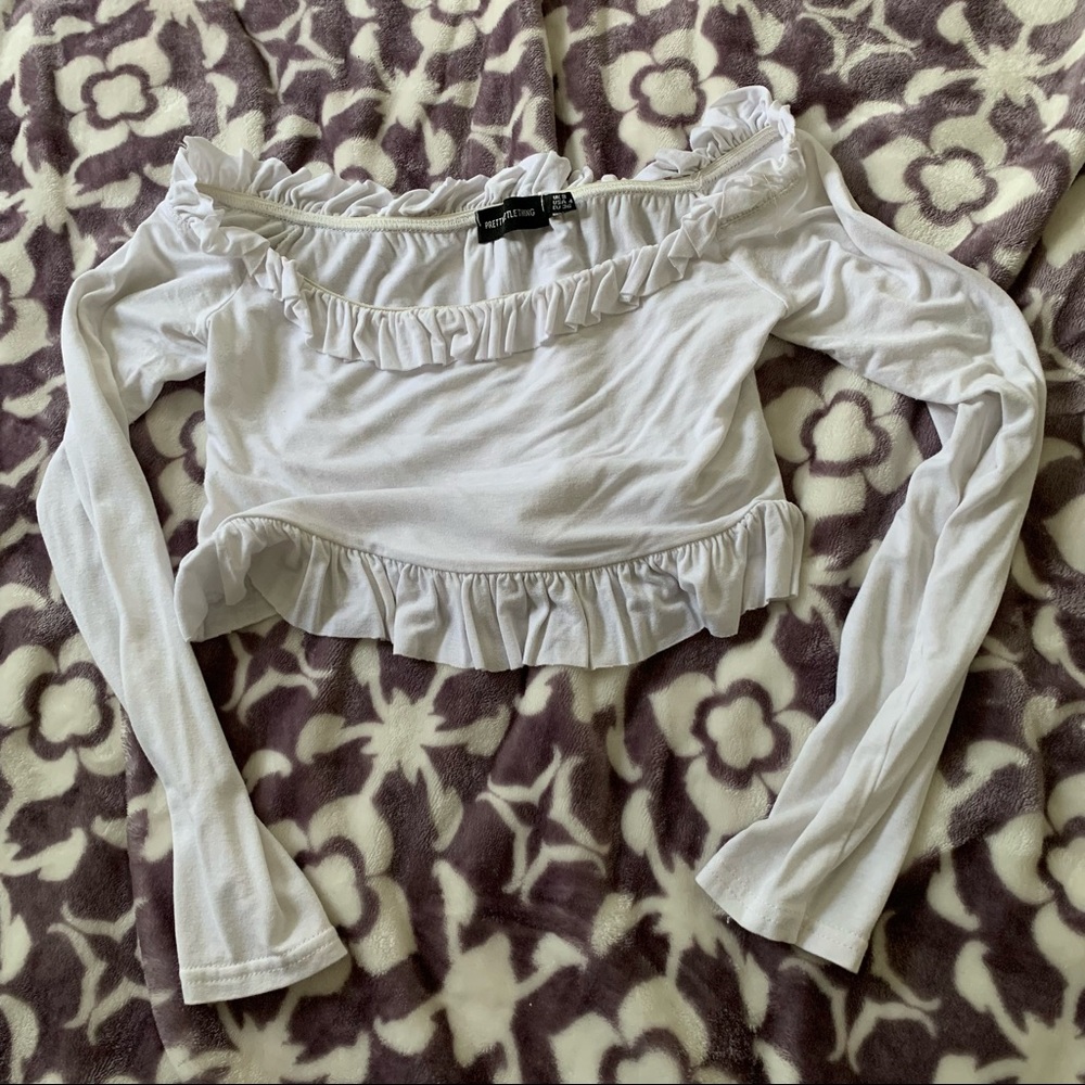 [PrettyLittleThing] White Long Sleeve Crop Top - Off Shoulder